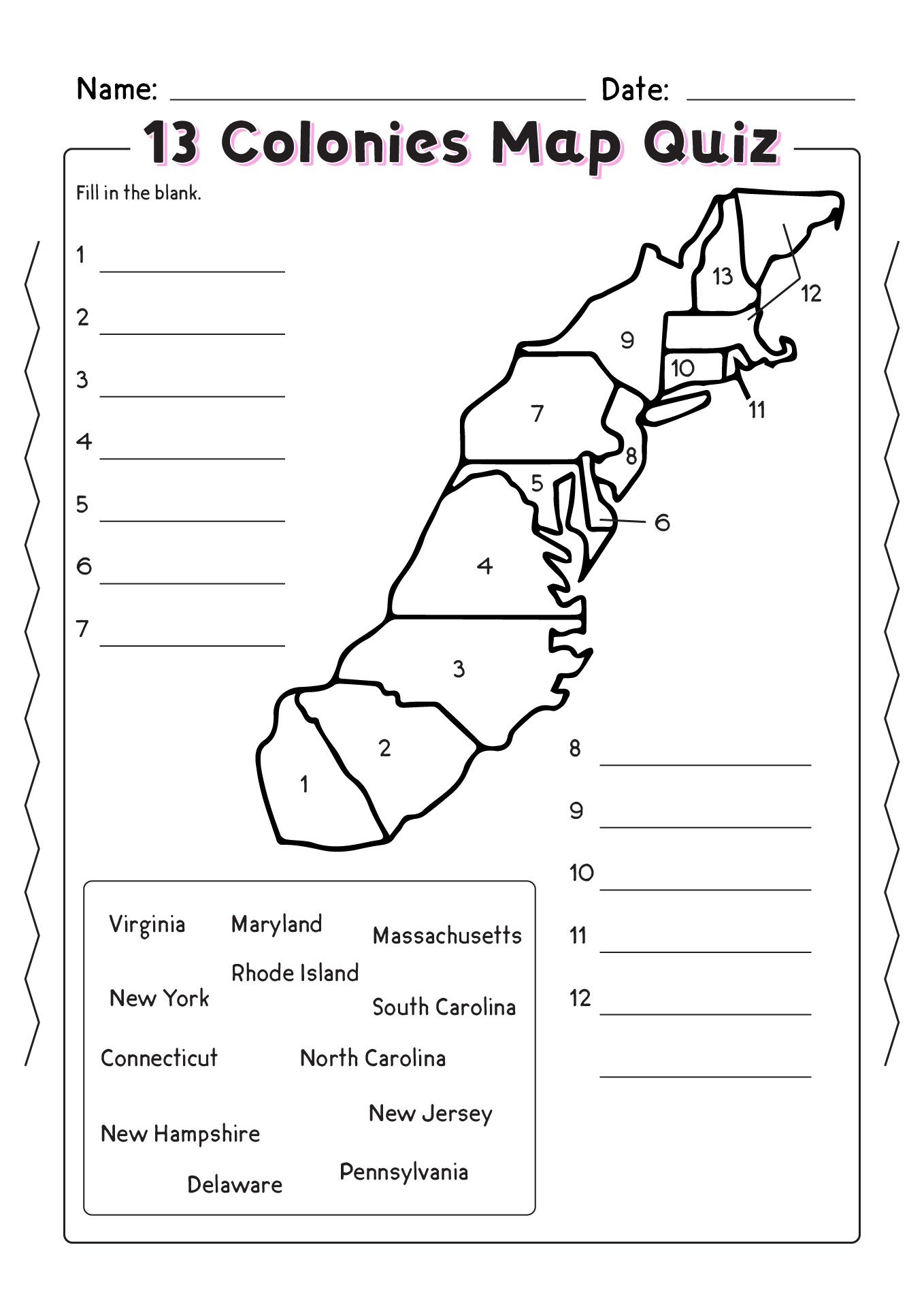 13 colonies map printable free