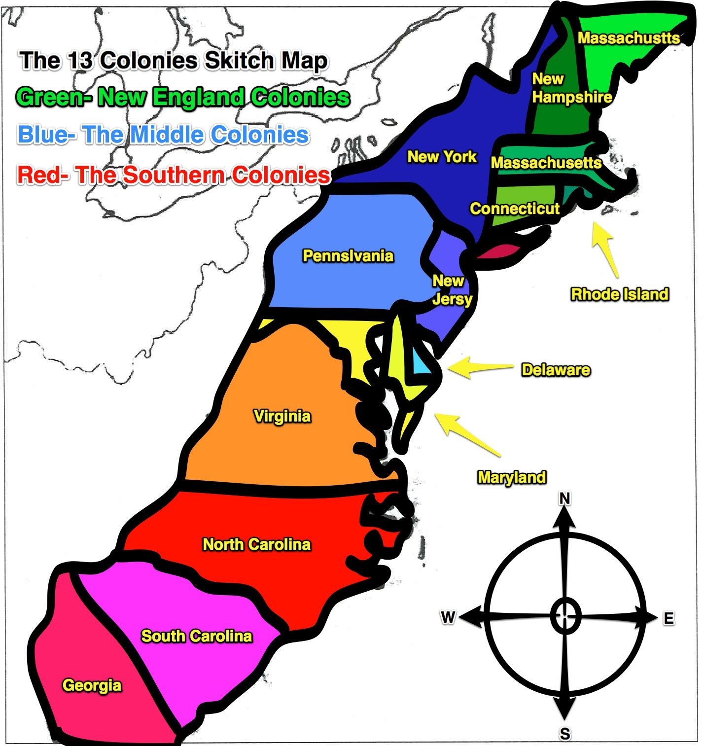 printable map of the thirteen colonies