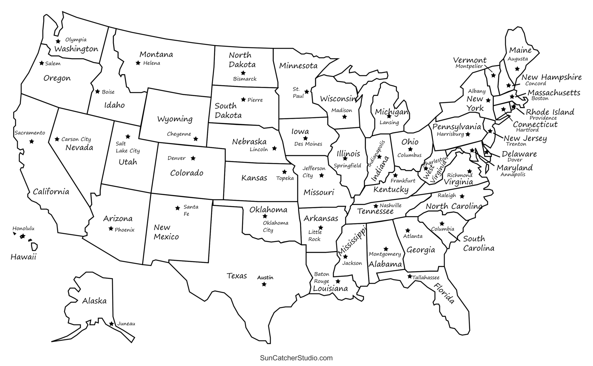 50 States And Capitals Printable Map