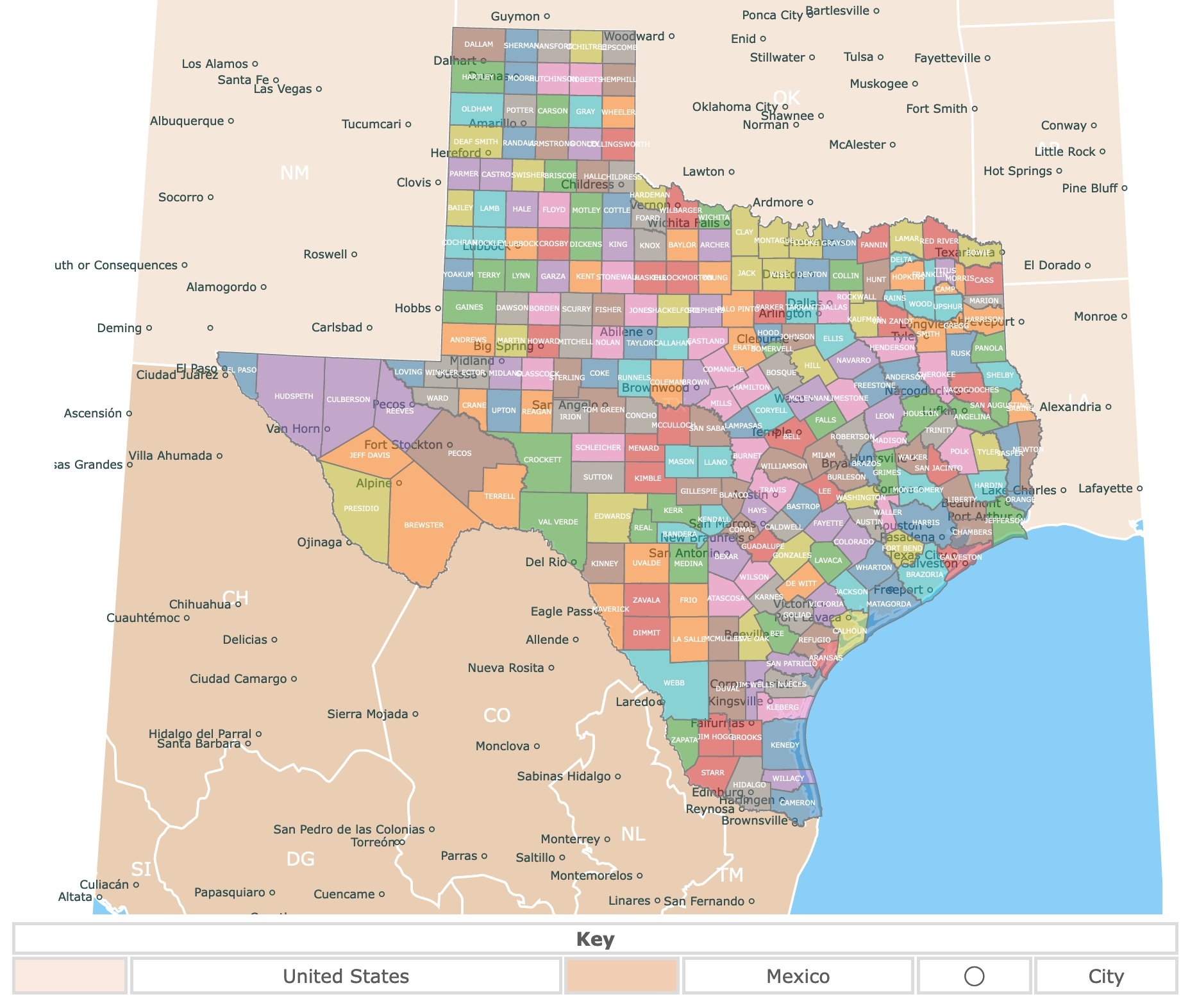 Printable Texas Counties Map
