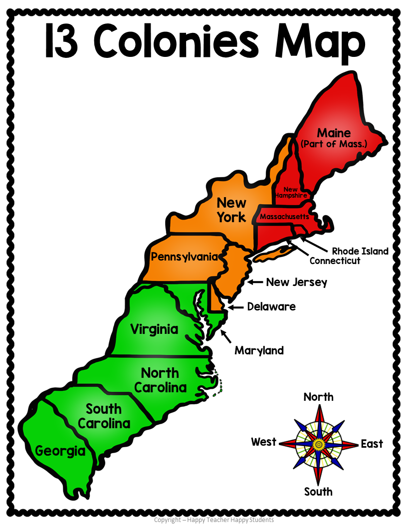 thirteen colonies printable map