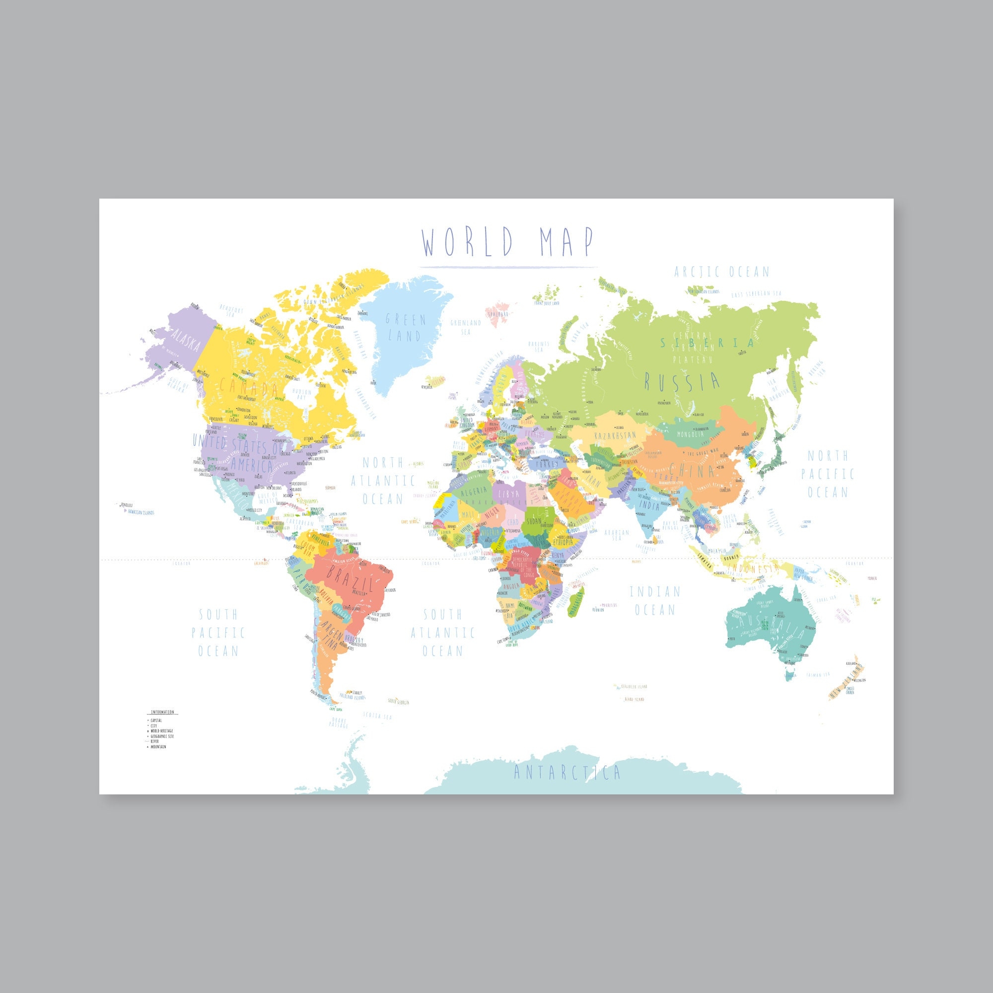 World Map With Countries PRINTABLE Map Of The World Wall Art Kid World Map With Countries PRINTABLE Map Of The World Wall Art Kid