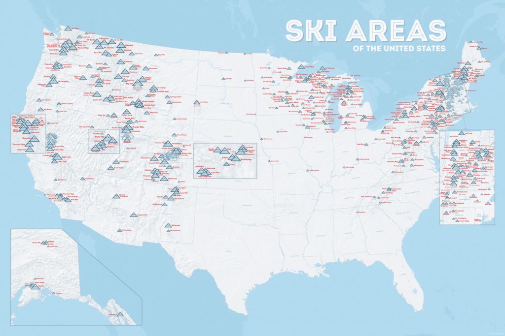 Colorful hand-drawn markers on a map showing winter destinations