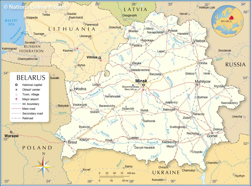 Map of Belarus in Europe highlighting countries