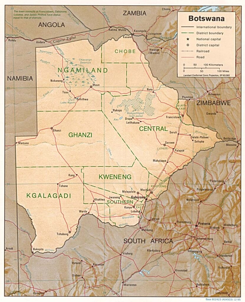 Cultural landmarks map of Botswana showing heritage sites