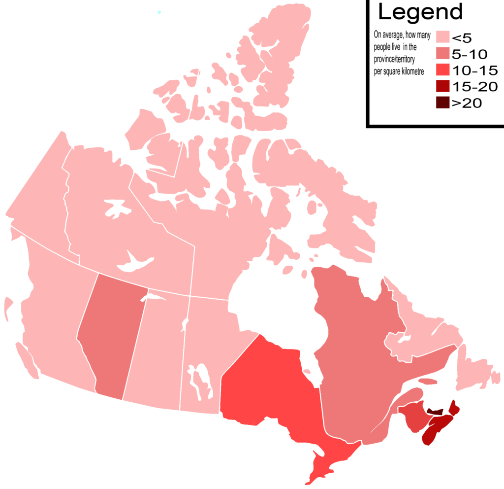 Canada population density map highlighting urban centers and rural areas