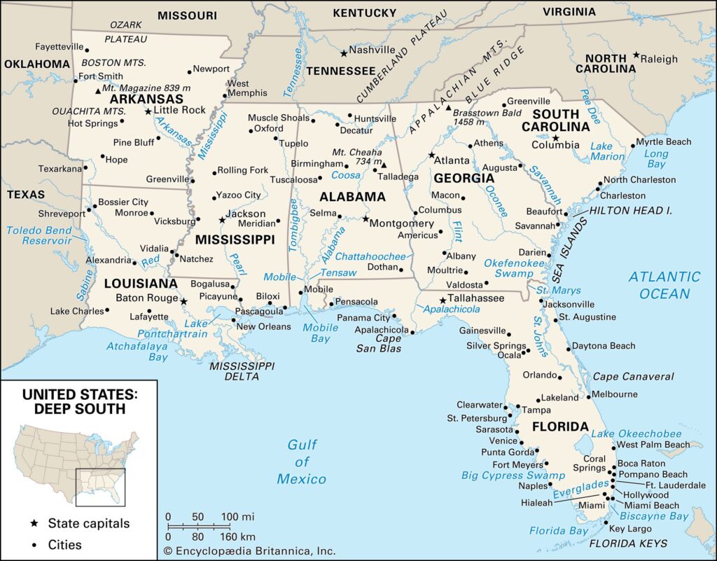 Educational printable map of the United States with Louisiana highlighted in color