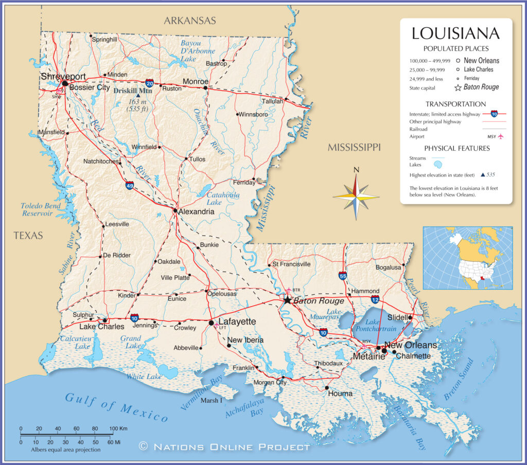 Detailed topographic map showing the Mississippi River delta and coastal marshes