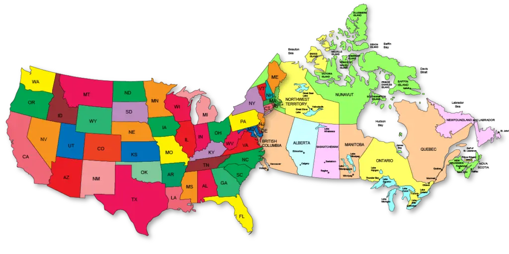 Close up of a paper map highlighting the northern border states and provinces