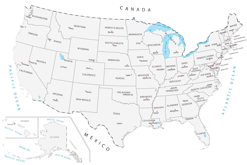 A child using a red marker to trace a path between states