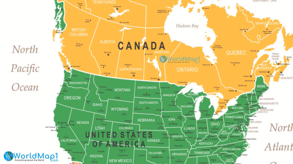 Detailed map showing the shared border between the United States and Canada