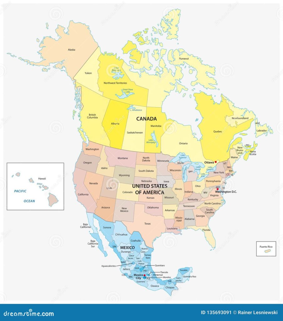 Wall mounted map showing the entire North American continent in detail