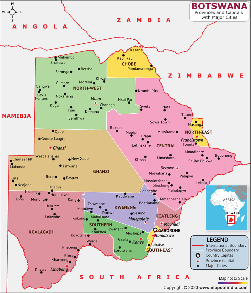 detailed map of Botswana showing cities and parks