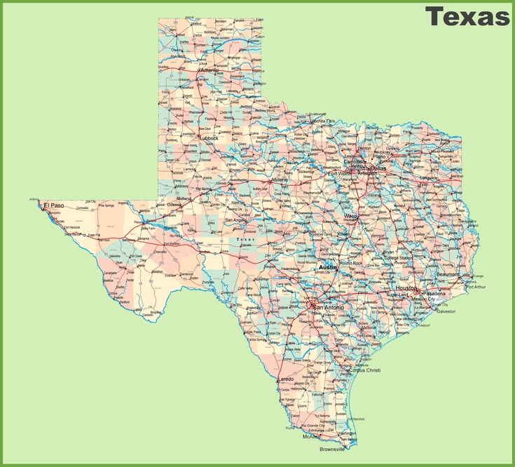 Texas map displaying geographical features and roads