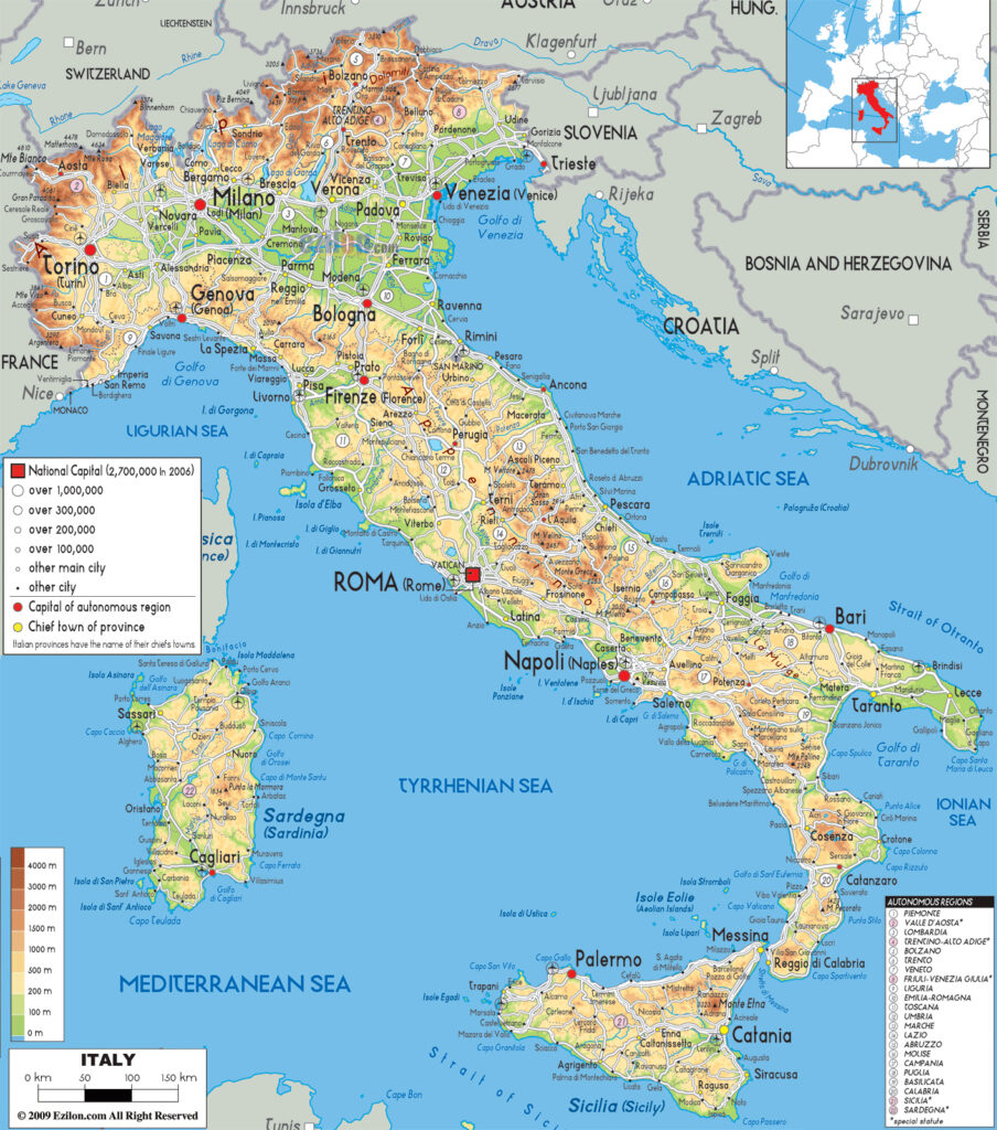 Italy map showcasing major cities and regions