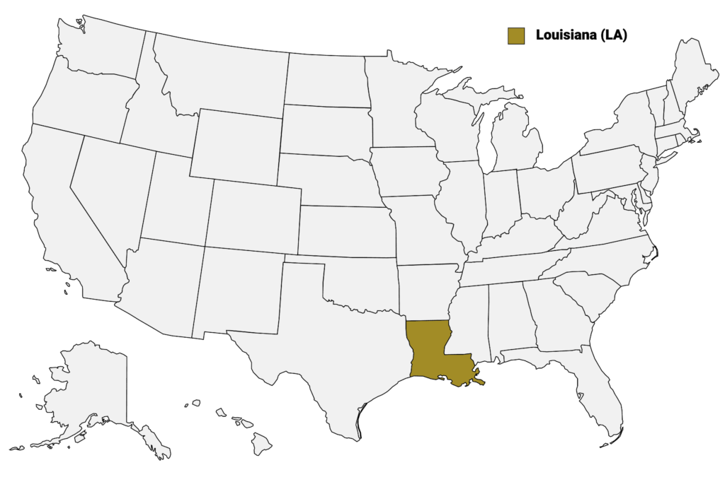 A vintage style road map highlighting major highways through the Louisiana bayous