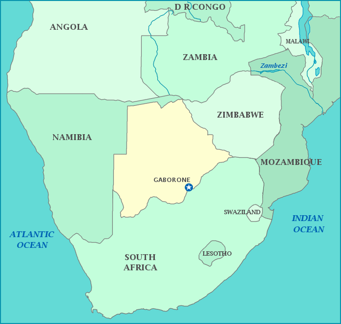 Map focusing on Botswana's national parks