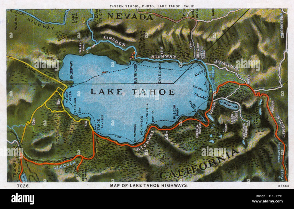 Hand pointing to a specific landmark on a printed Lake Tahoe map