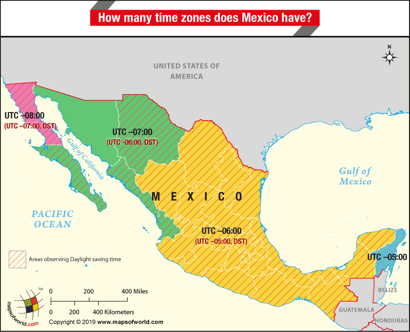Detailed map of Mexico with time zones labeled