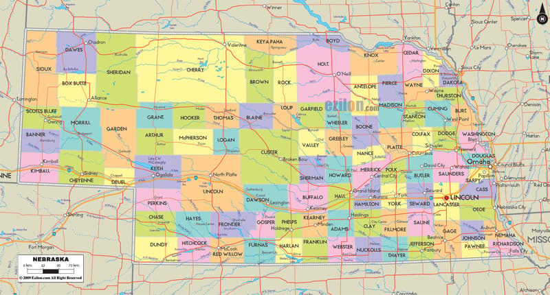 Detailed road map showing Interstate 80 traversing across the state of Nebraska