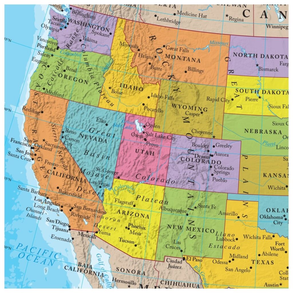 Colorful classroom wall display featuring a printed map of America