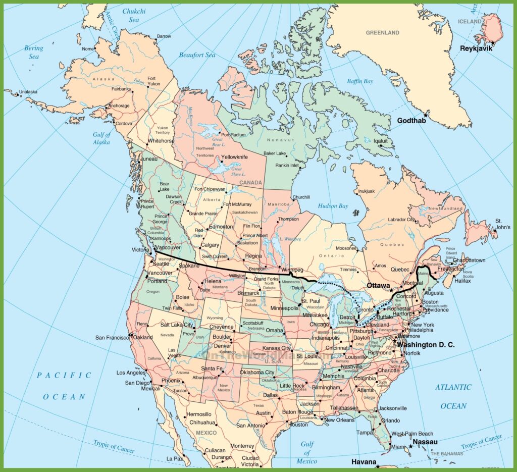 Detailed map of US/Canada showing the international border and major states and provinces