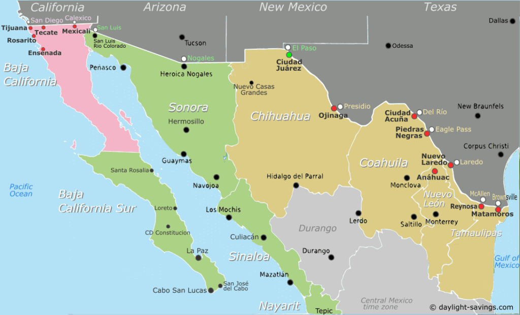 Map showing time zones in Mexico and their differences