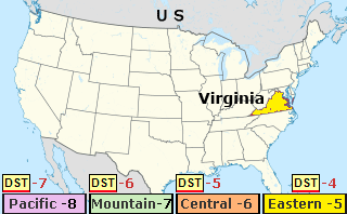 A colorful map of Virginia highlighting its time zone